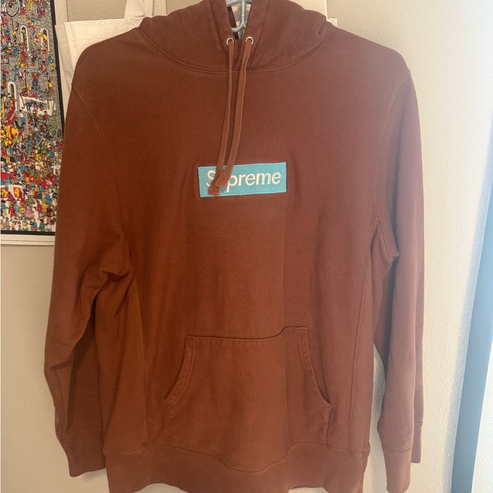 Supreme Brown Crewneck Hoodie with Teal Box Logo